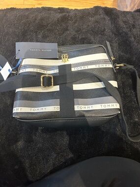 Tommy Hilfiger Black and White Striped Shoulder Bag